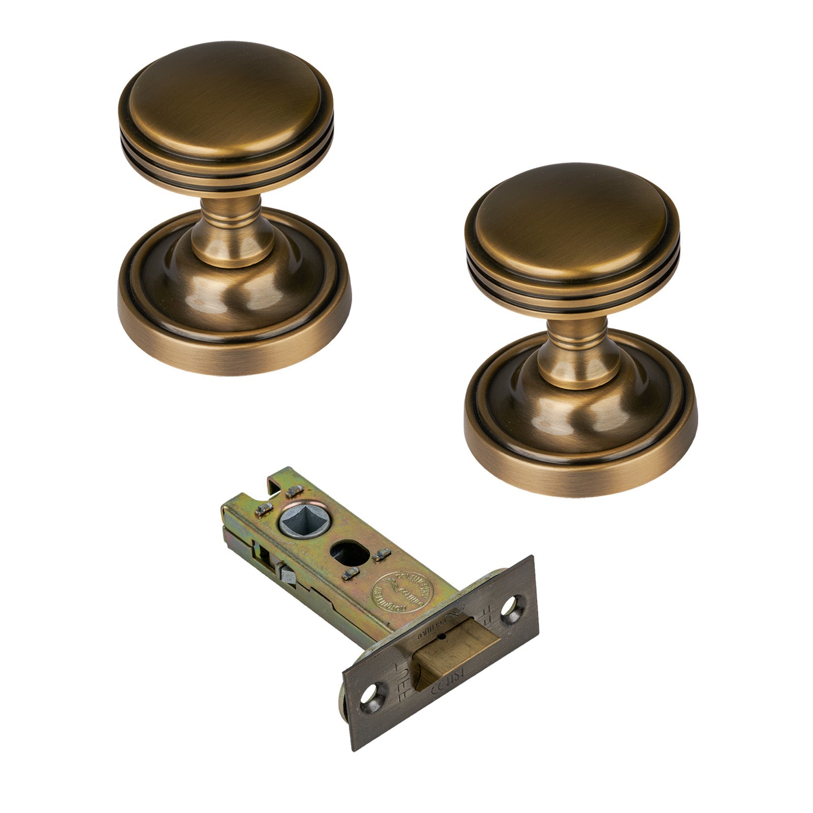 Whitehall Door Knob on Rose with Aged Brass 3 inch latch set