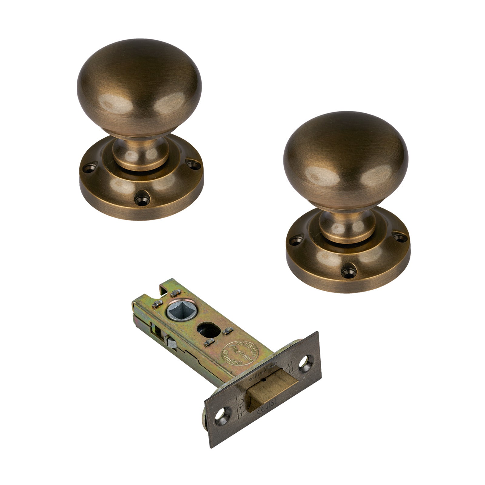 Victoria Door Knob on Rose with Aged Brass 3 inch latch set