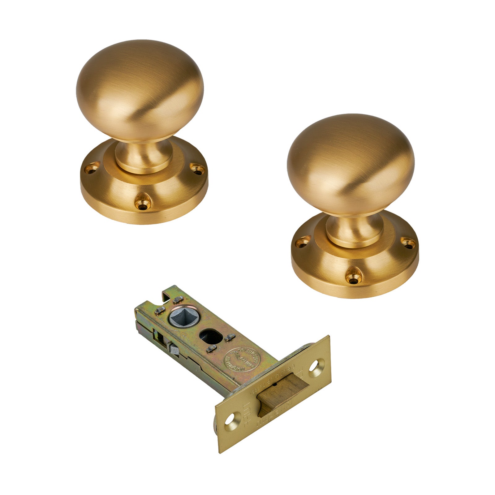 Victoria Door Knob on Rose with Satin Brass 3 inch latch set