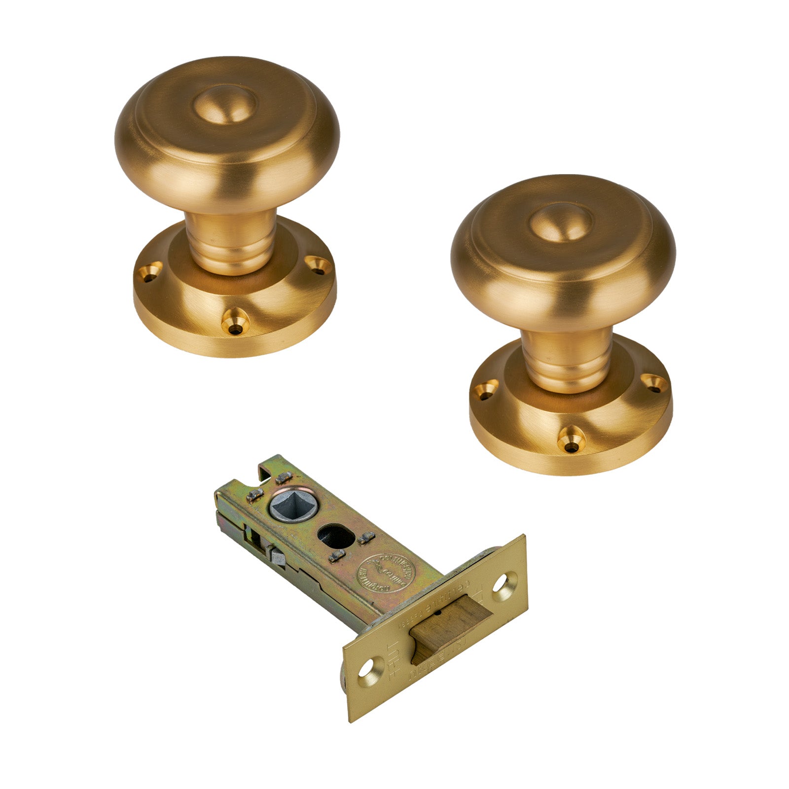 Aylesbury Door Knob on Rose with Satin Brass 3 inch latch set