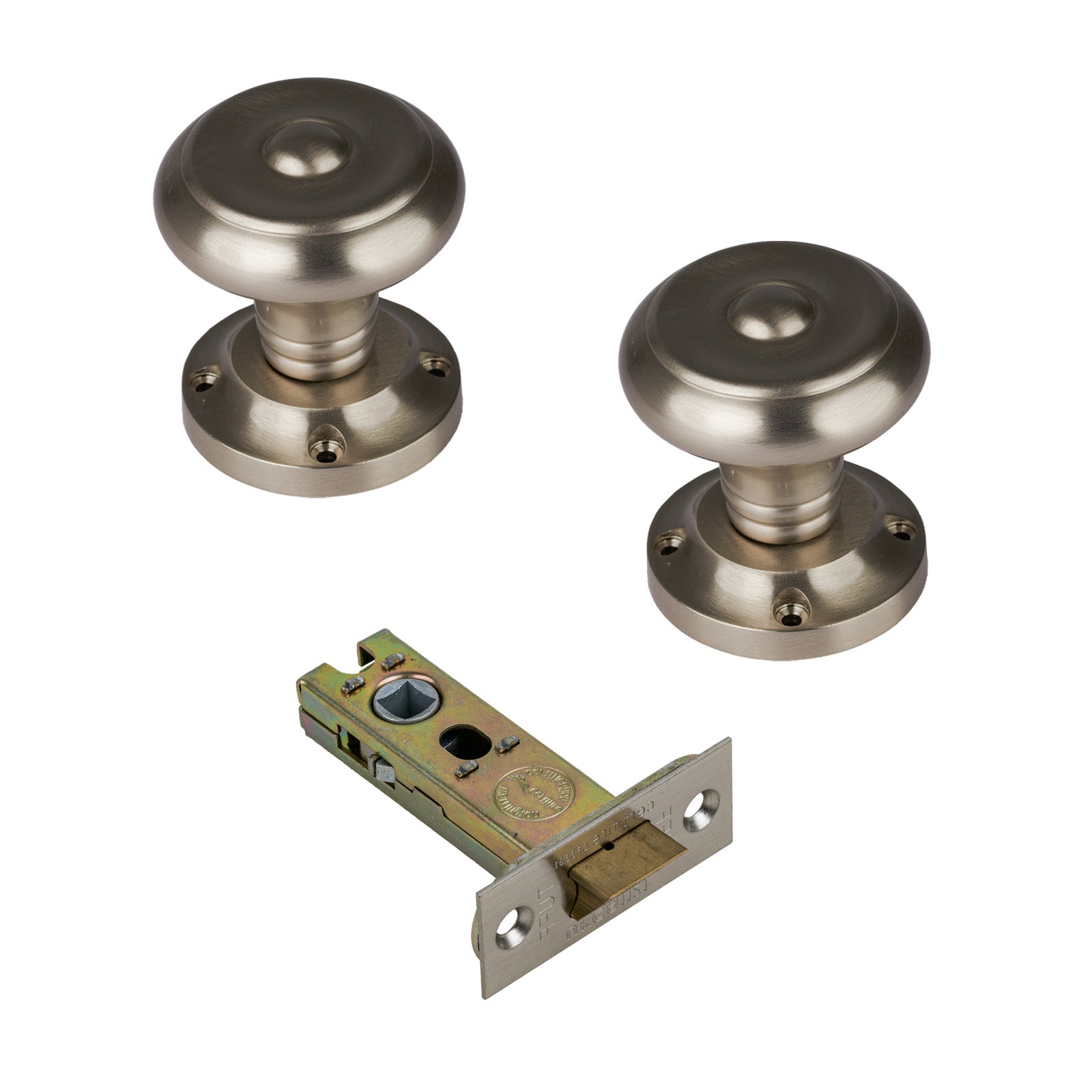 Aylesbury Door Knob on Rose with Satin Nickel 3 inch latch set