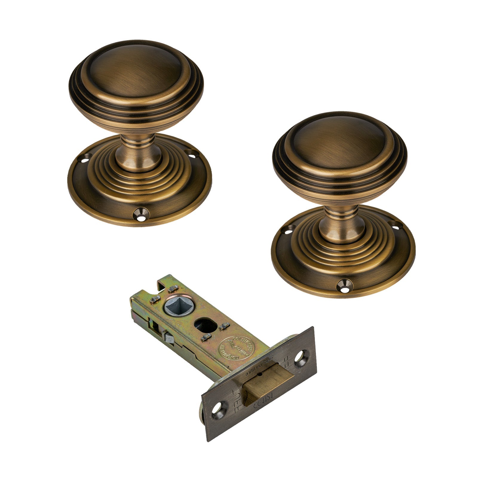 Goodrich Door Knob on Rose with Aged Brass 3 inch latch set