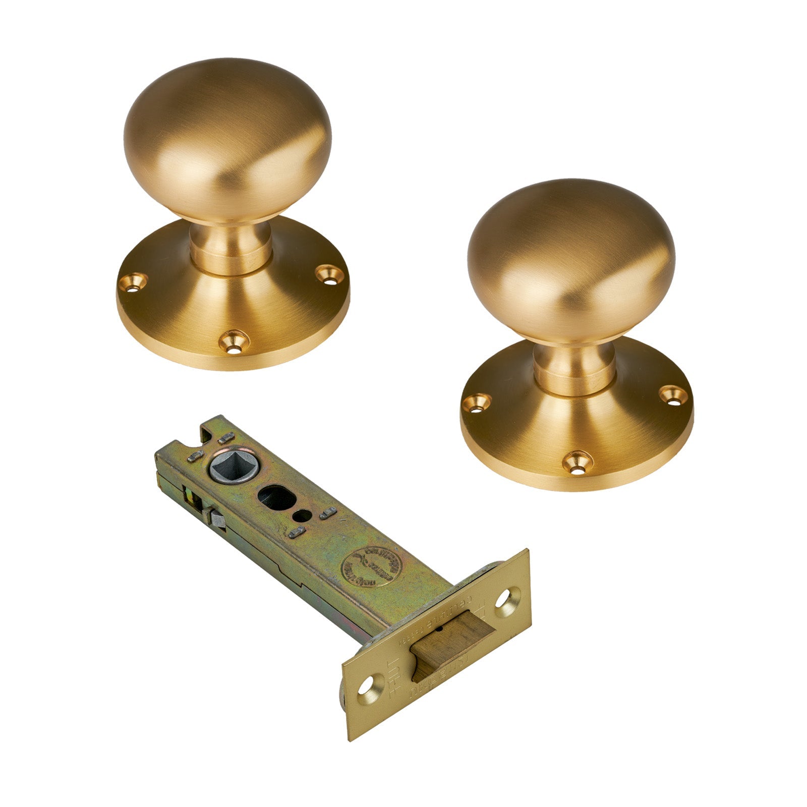 Kensington Door Knob on Rose with Satin Brass 4 inch latch set