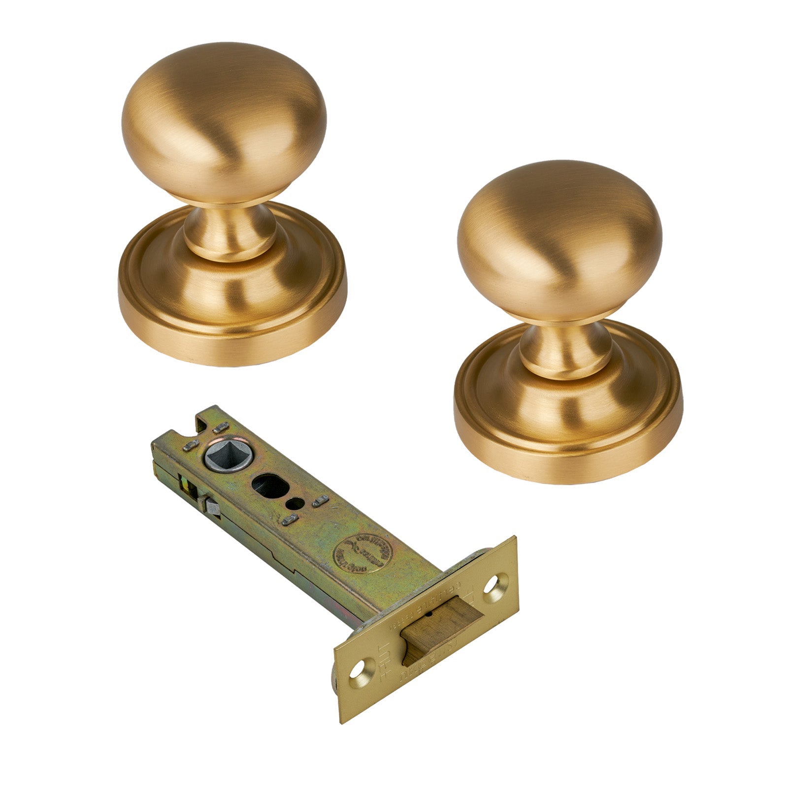 Hampstead Door Knob on Rose with Satin Brass 4 inch latch set