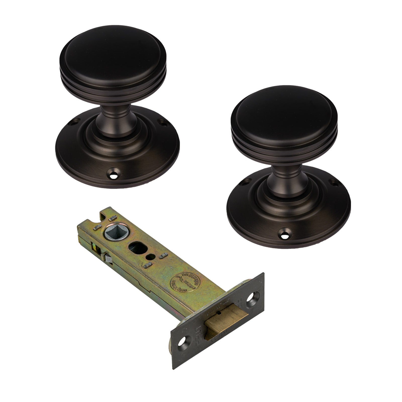 Richmond Door Knob on Rose with Matt Bronze 4 inch latch set