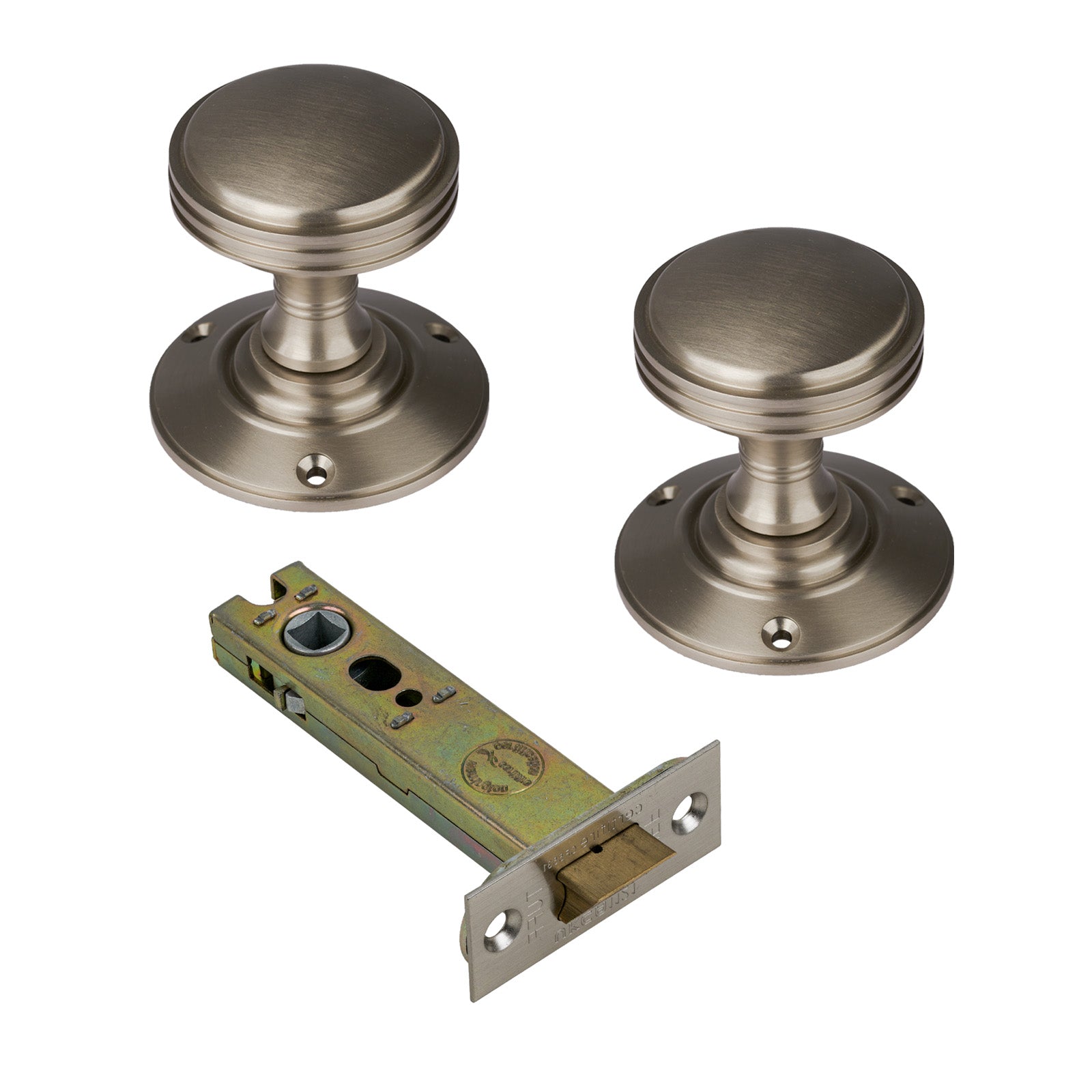 Richmond Door Knob on Rose with Satin Nickel 4 inch latch set