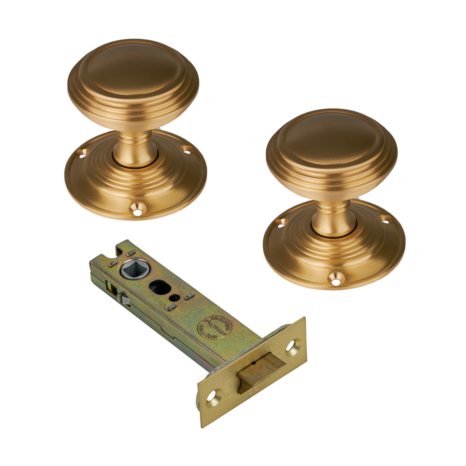 Goodrich Door Knob on Rose with Satin Brass 4 inch latch set