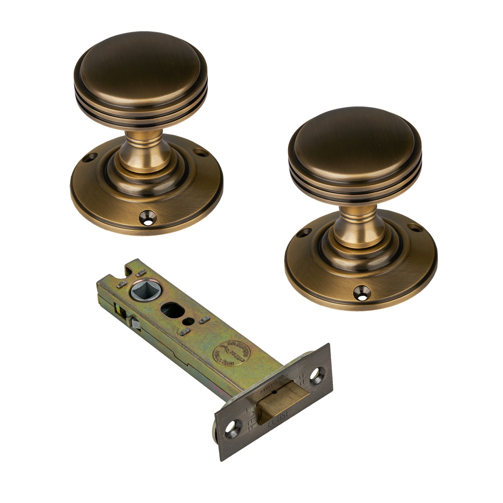 Richmond Door Knob on Rose with Aged Brass 4 inch latch set