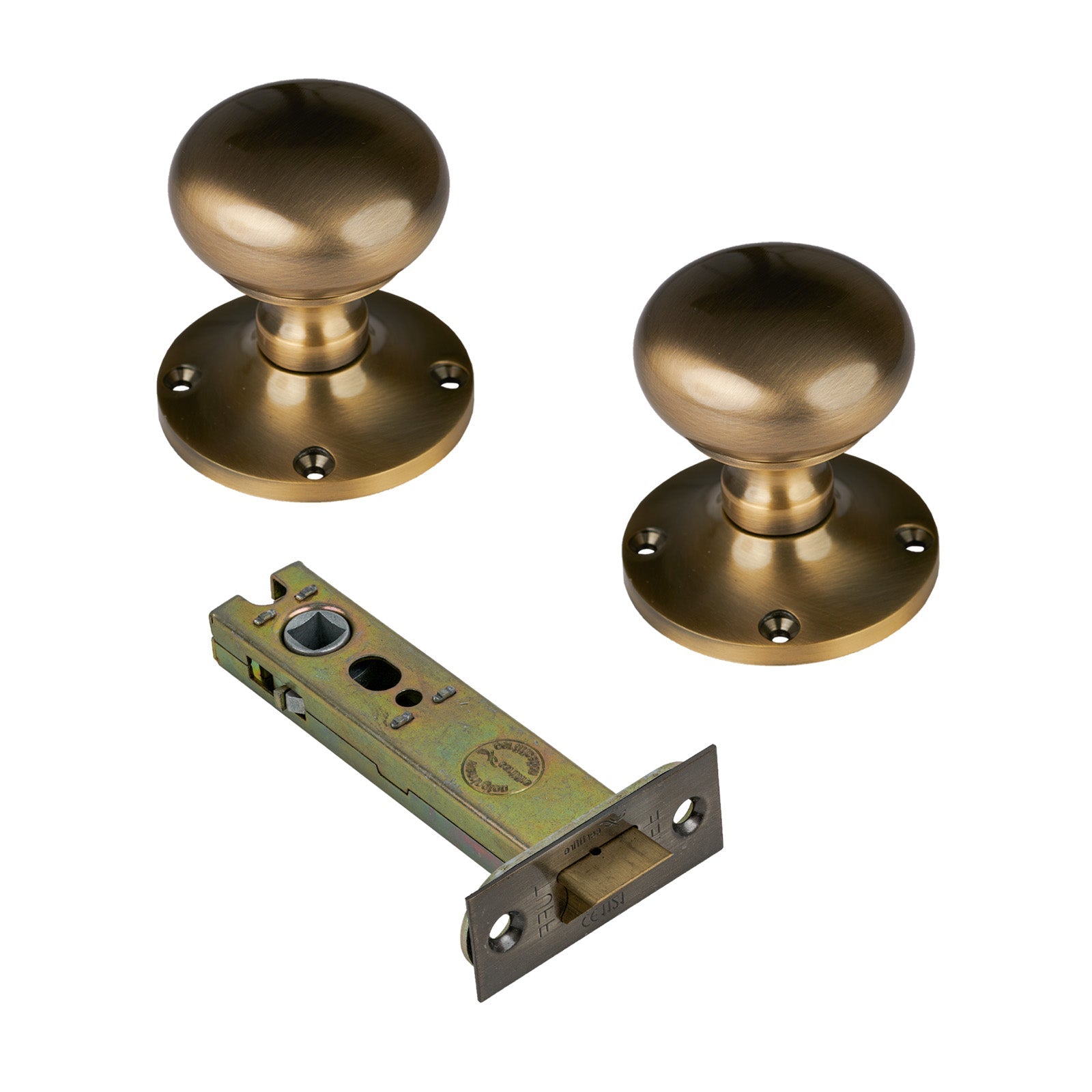 Kensington Door Knob on Rose with Aged Brass 4 inch latch set