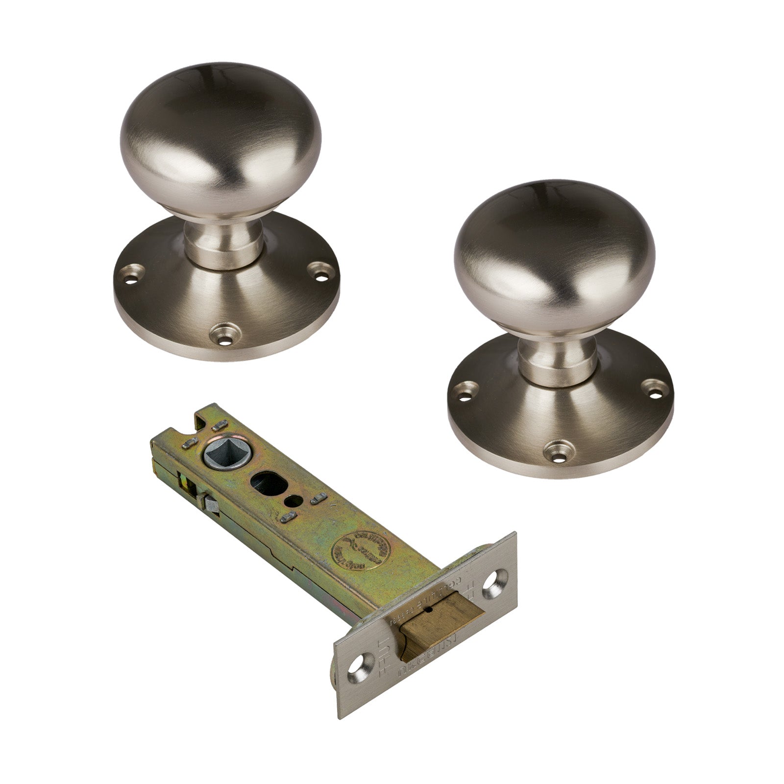 Kensington Door Knob on Rose with Satin Nickel 4 inch latch set