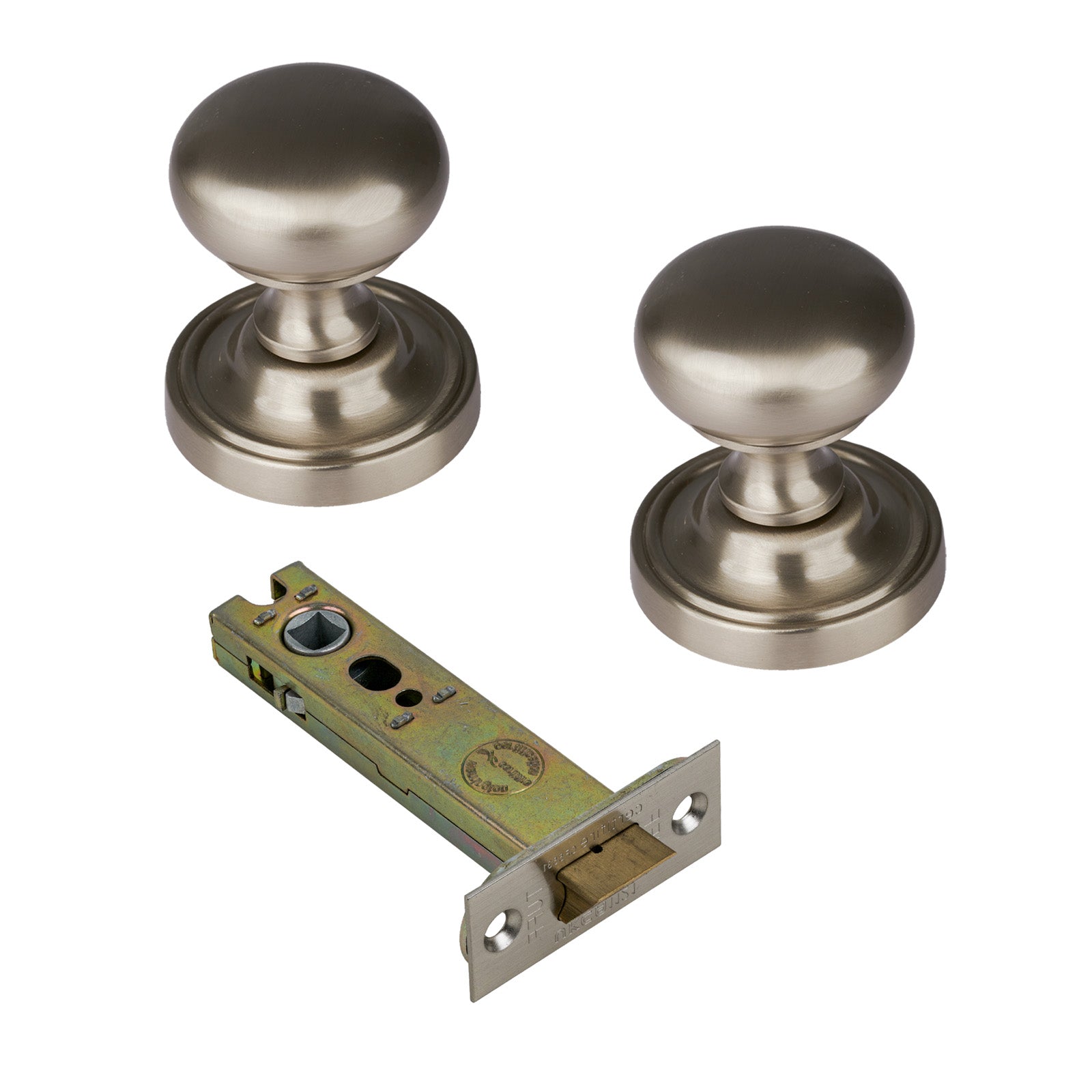 Hampstead Door Knob on Rose with Satin Nickel 4 inch latch set