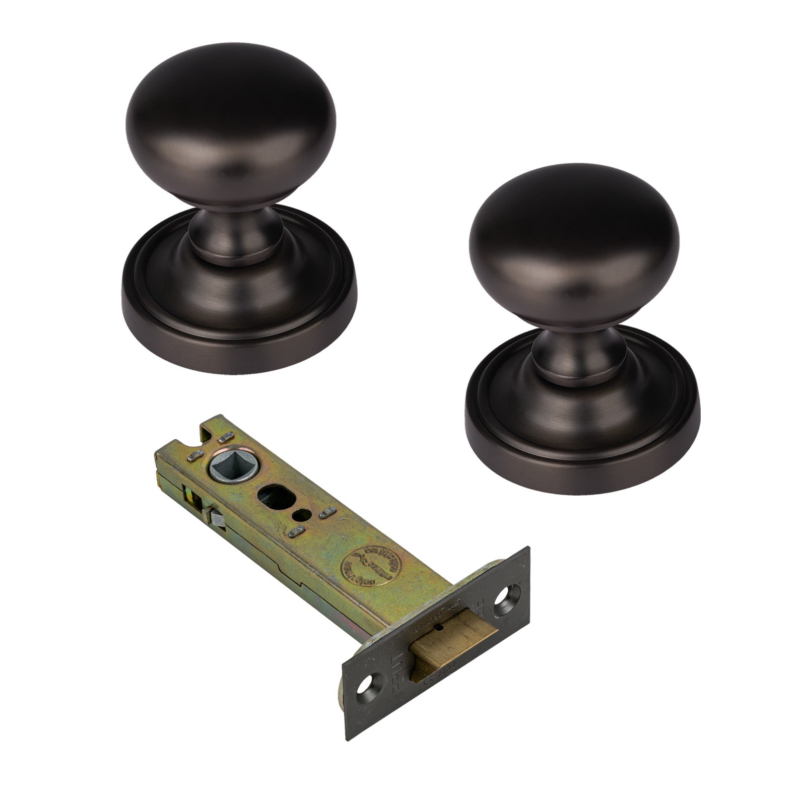 Hampstead Door Knob on Rose with Matt Bronze 4 inch latch set