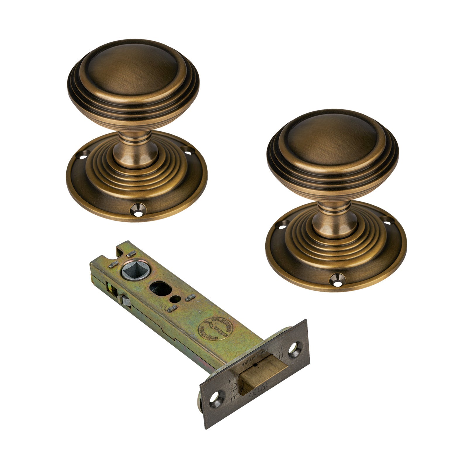 Goodrich Door Knob on Rose with Aged Brass 4 inch latch set