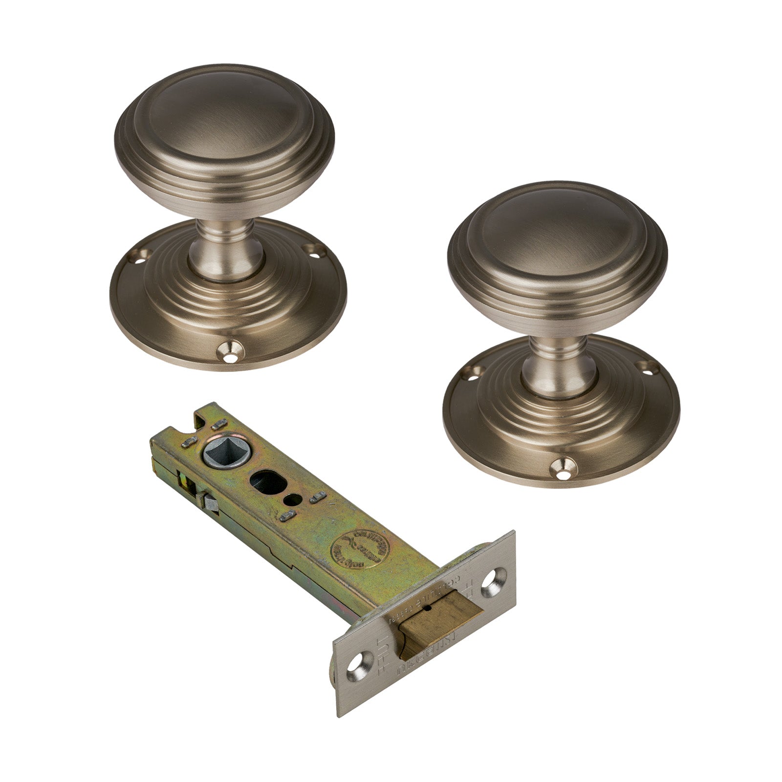 Goodrich Door Knob on Rose with Satin Nickel 4 inch latch set