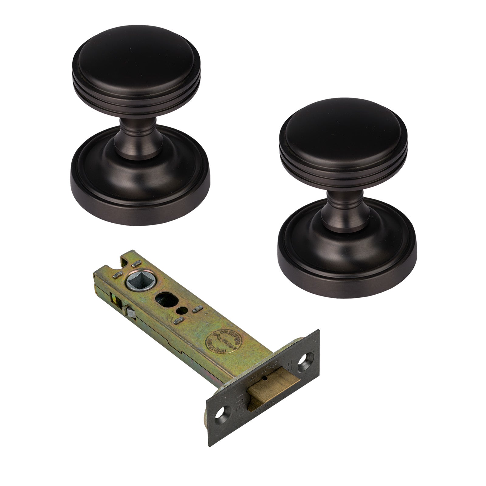 Whitehall Door Knob on Rose with Matt Bronze 4 inch latch set