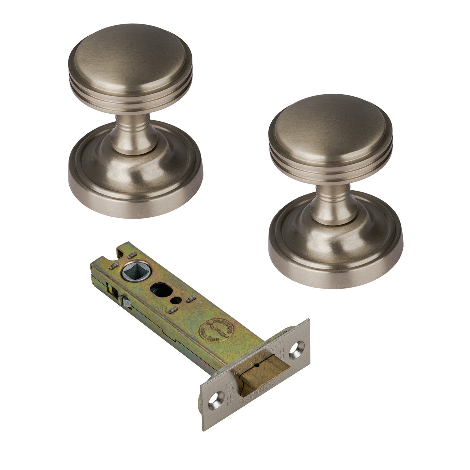 Whitehall Door Knob on Rose with Satin Nickel 4 inch latch set