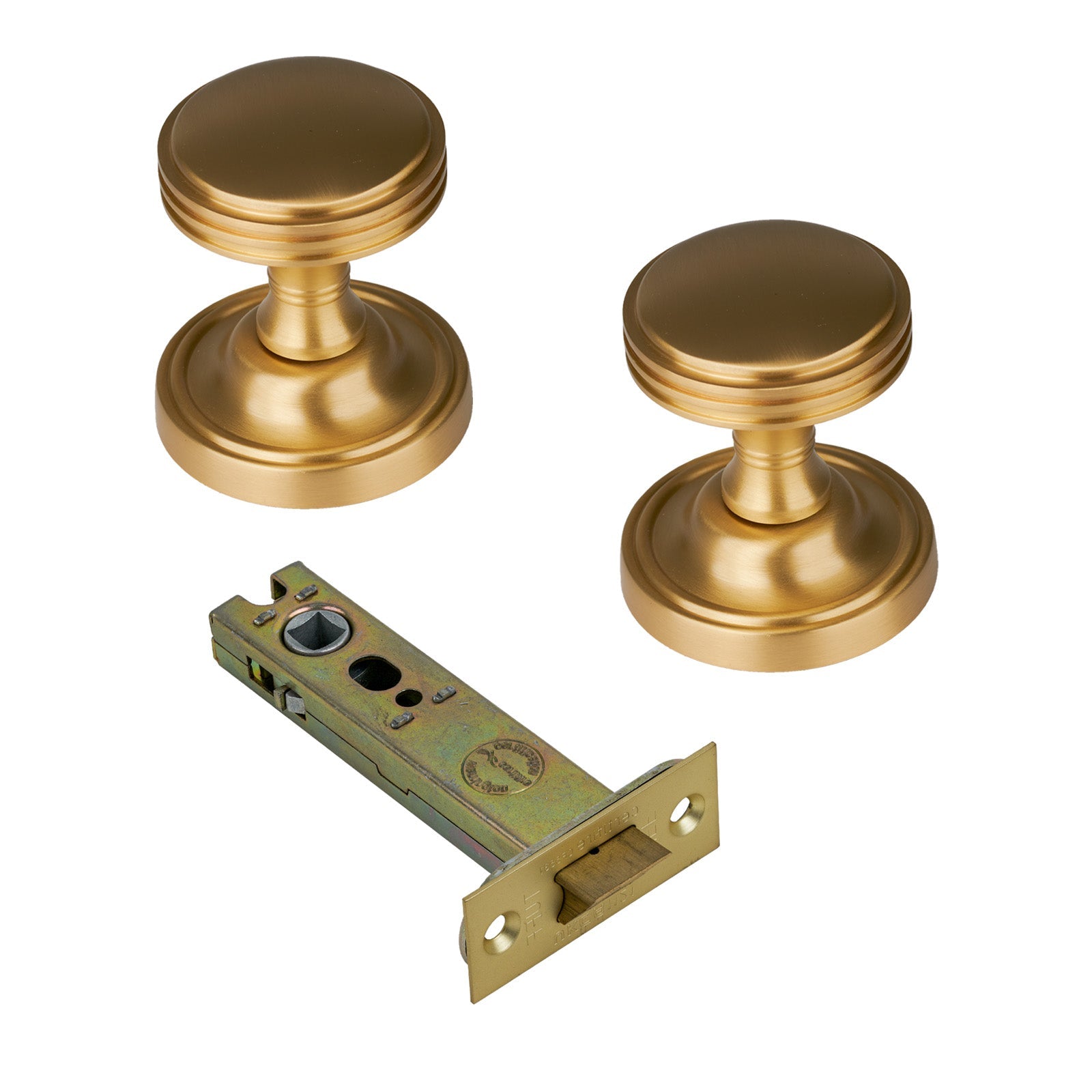 Whitehall Door Knob on Rose with Satin Brass 4 inch latch set