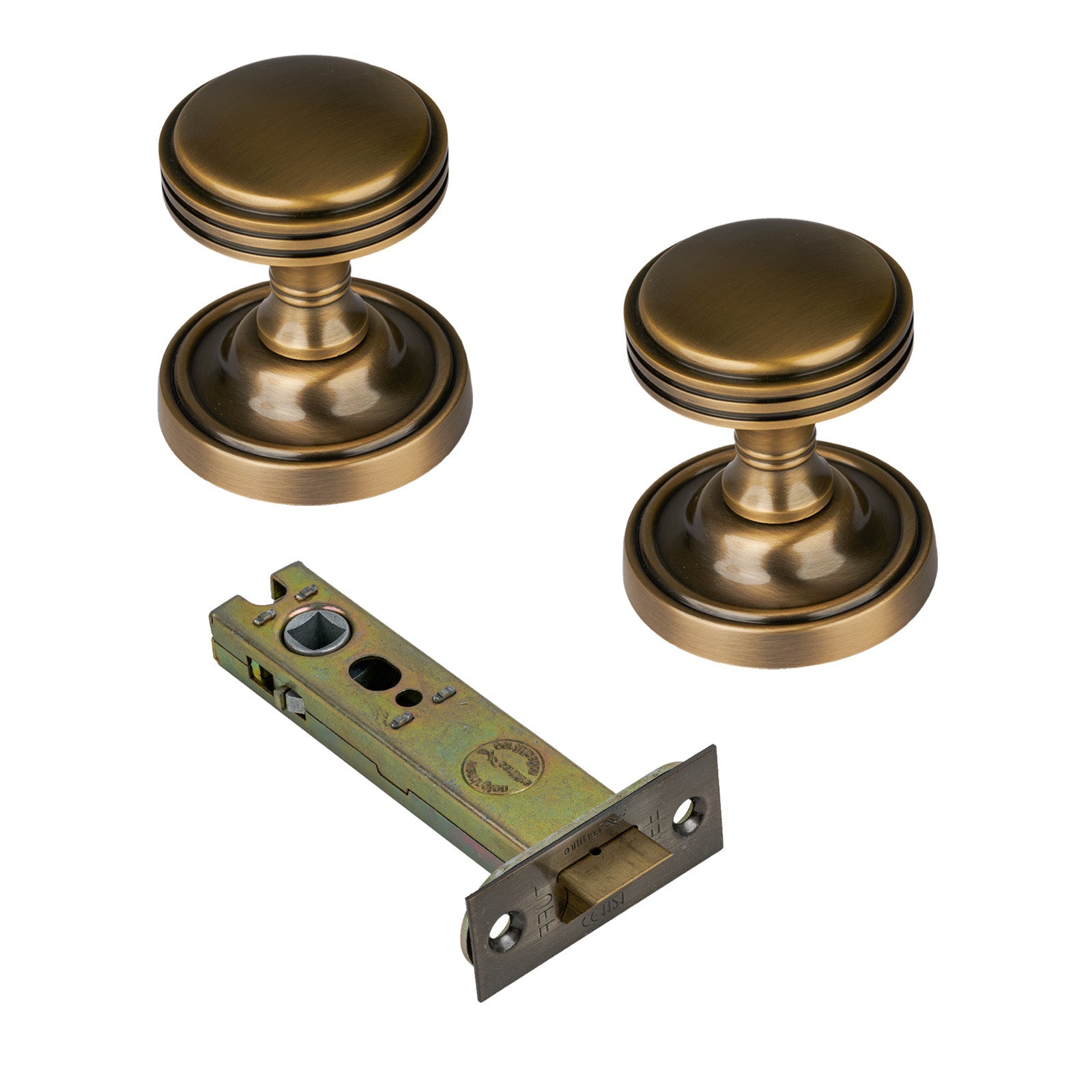 Whitehall Door Knob on Rose with Aged Brass 4 inch latch set