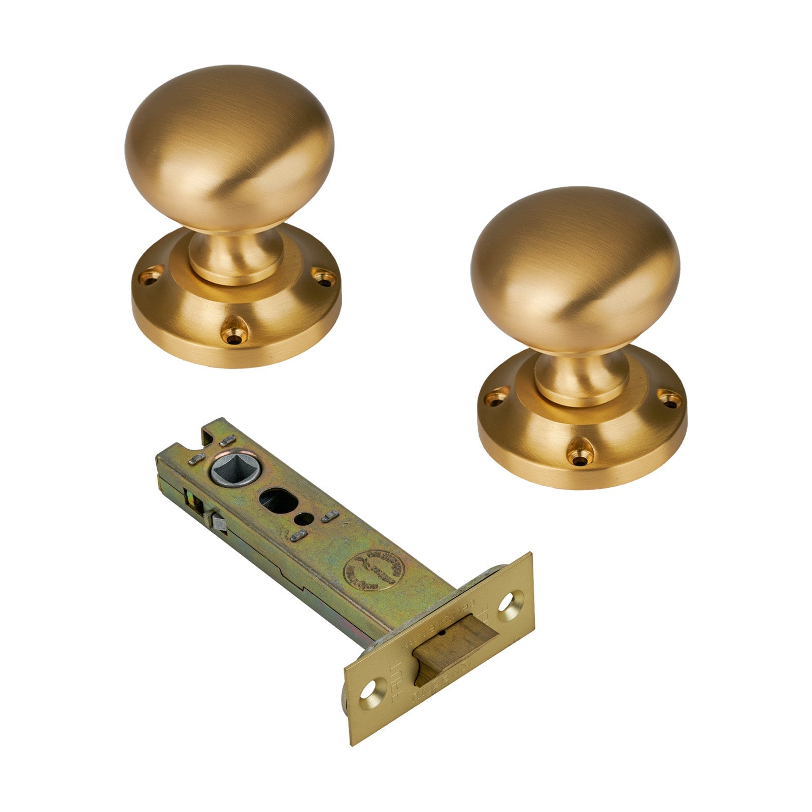 Victoria Door Knob on Rose with Satin Brass 4 inch latch set