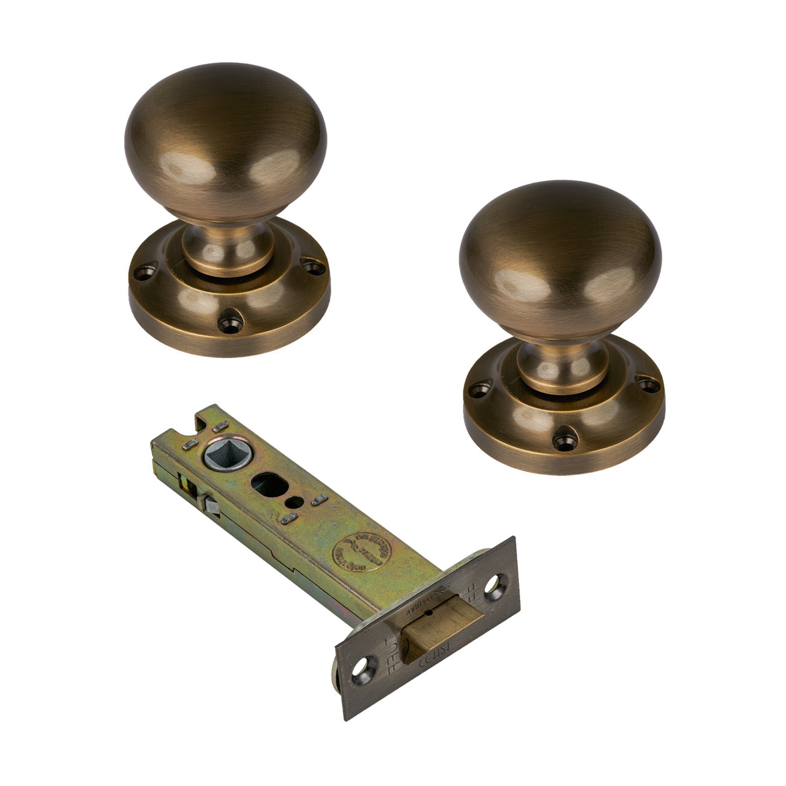 Victoria Door Knob on Rose with Aged Brass 4 inch latch set