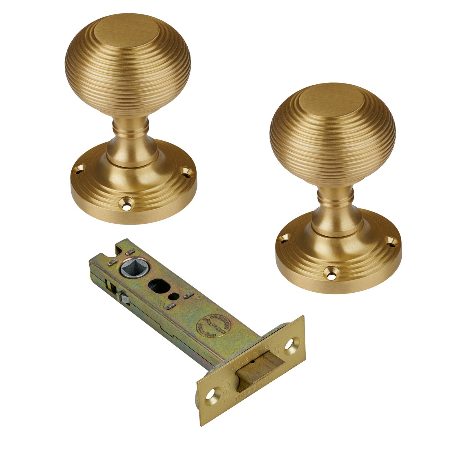 Reeded Door Knob on Rose with Satin Brass 4 inch latch set