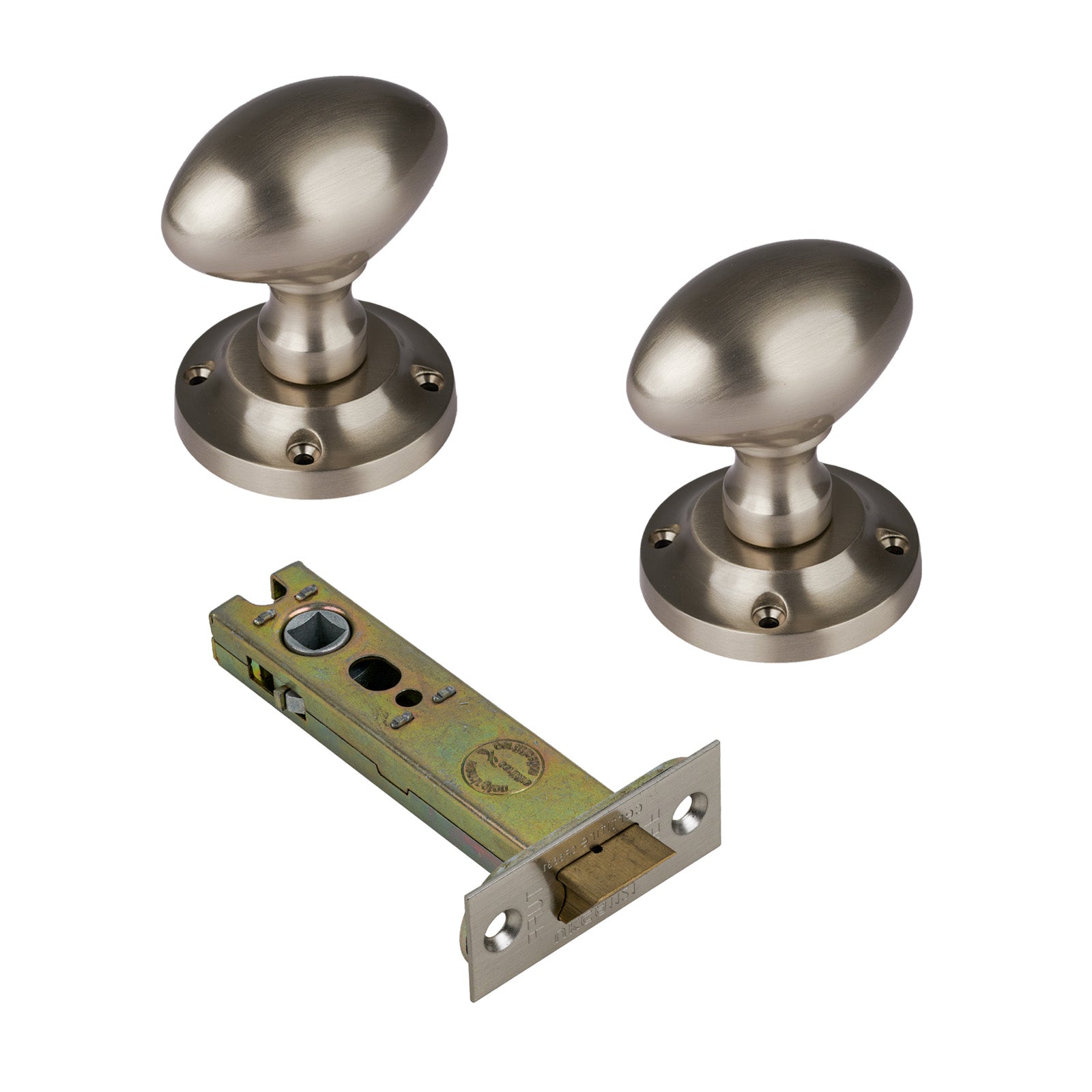 Suffolk Oval Door Knob on Rose with Satin Nickel 4 inch latch set