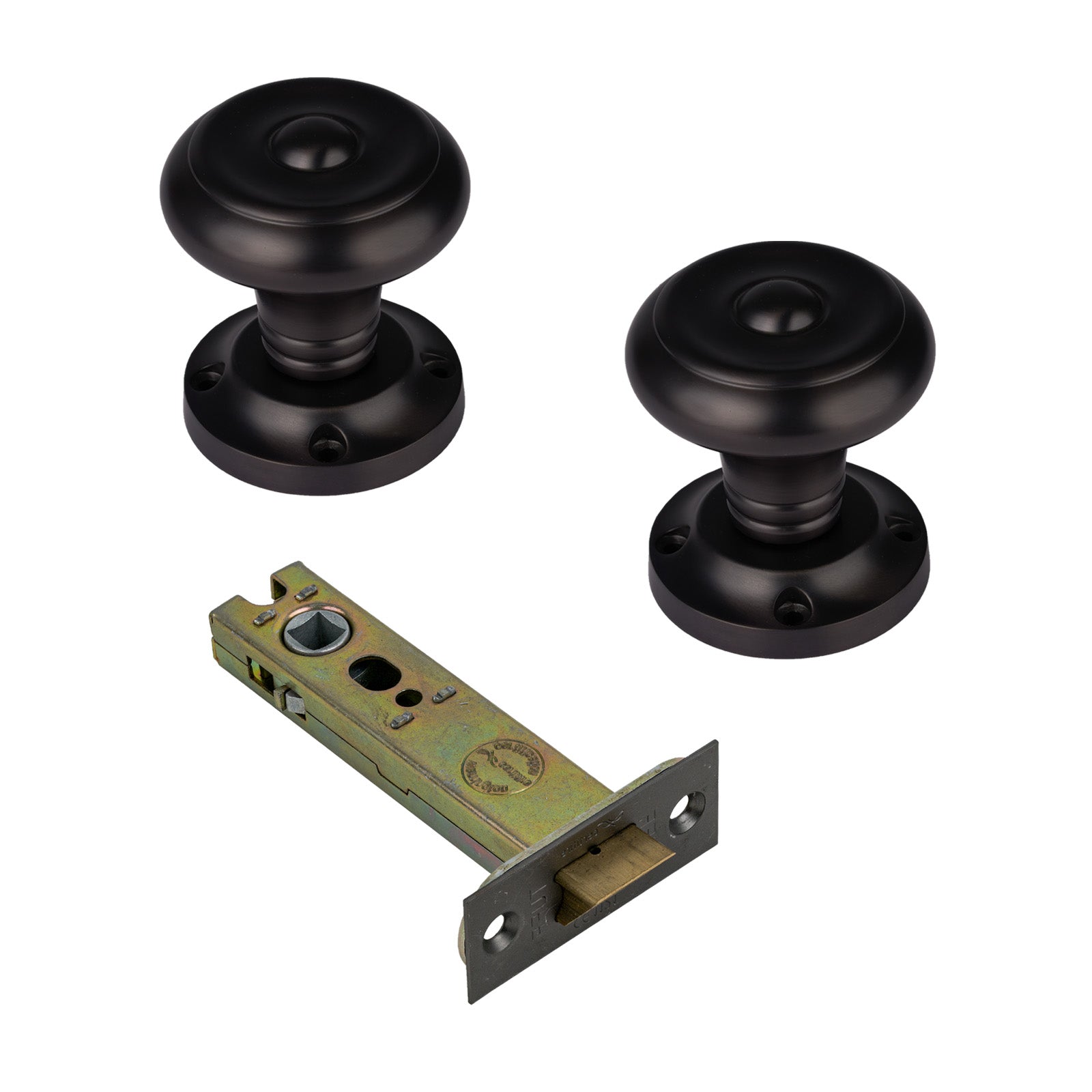 Aylesbury Door Knob on Rose with Matt Bronze 4 inch latch set