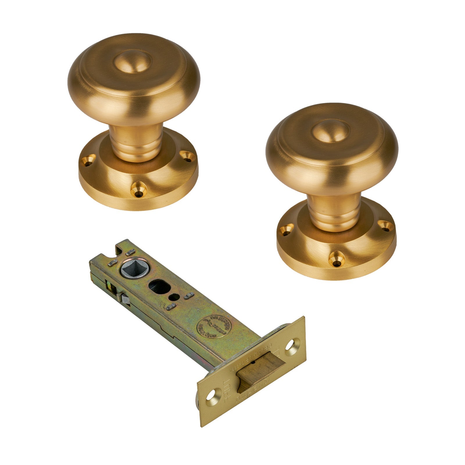 Aylesbury Door Knob on Rose with Satin Brass 4 inch latch set