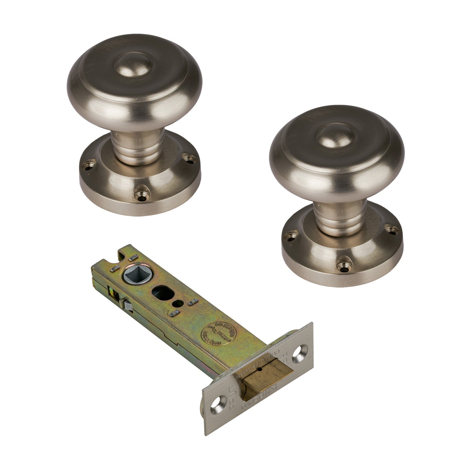 Aylesbury Door Knob on Rose with Satin Nickel 4 inch latch set