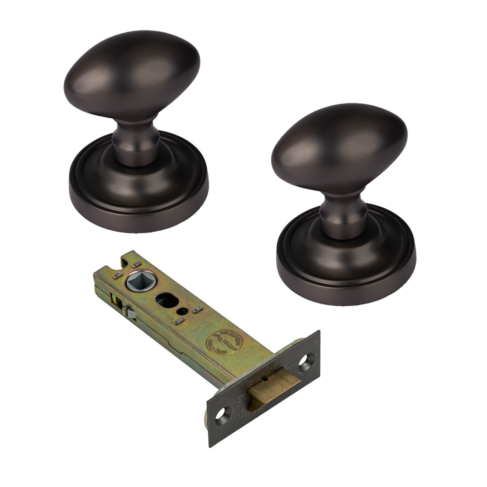 Chelsea Door Knob on Rose with Matt Bronze 4 inch latch set