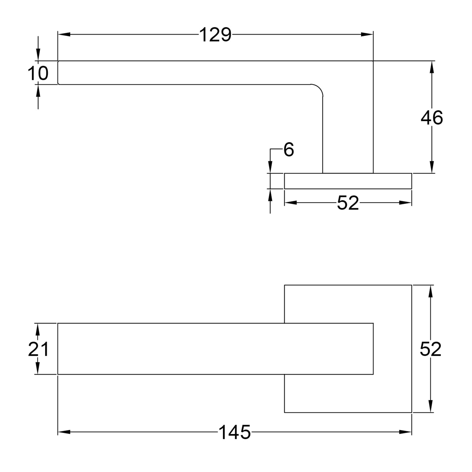 Simple Dimension Drawing of Tupai Torres Lever on Square Rose Door Handles SHOW