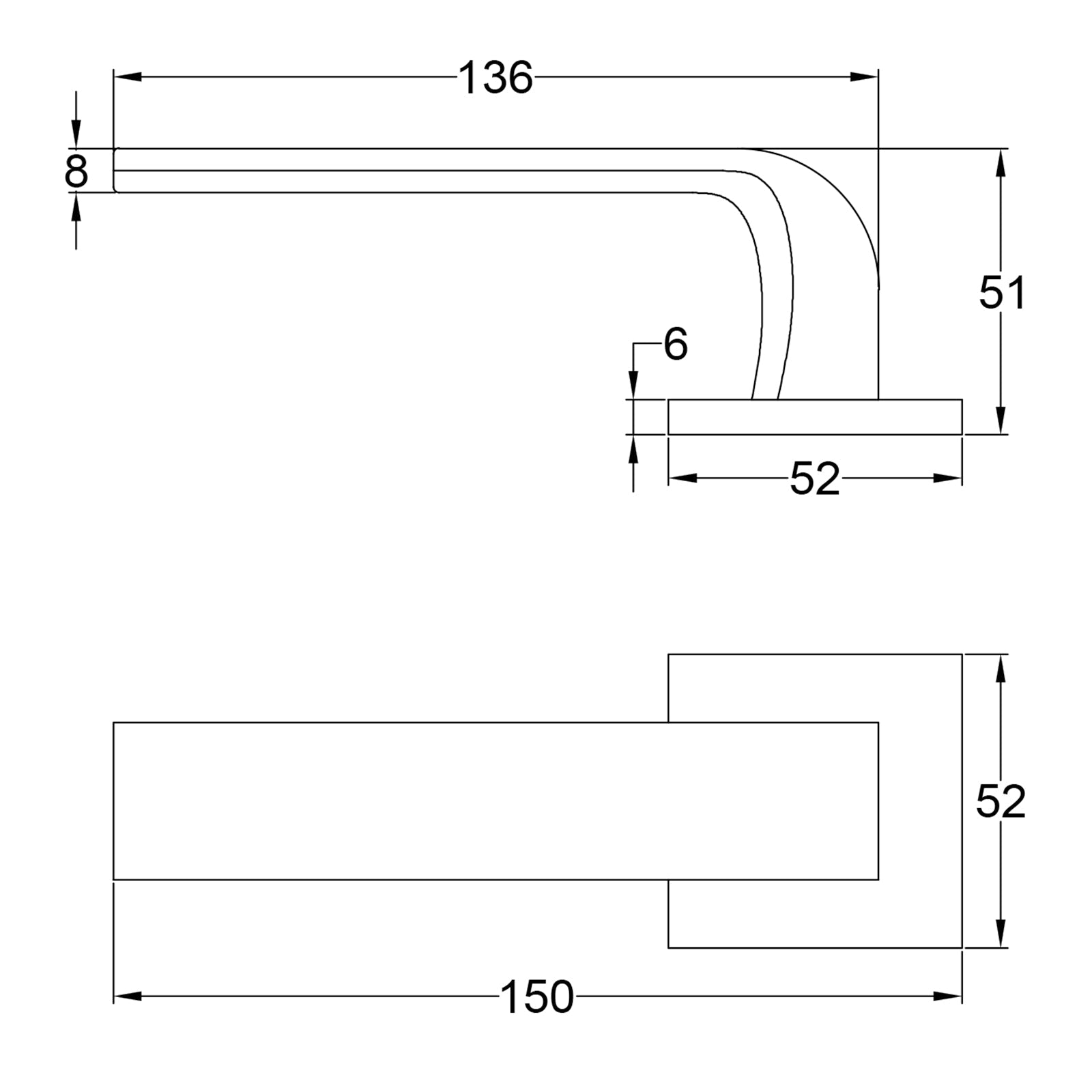 Simple Dimension Drawing of Tupai Ruivo Lever on Square Rose Door Handles SHOW