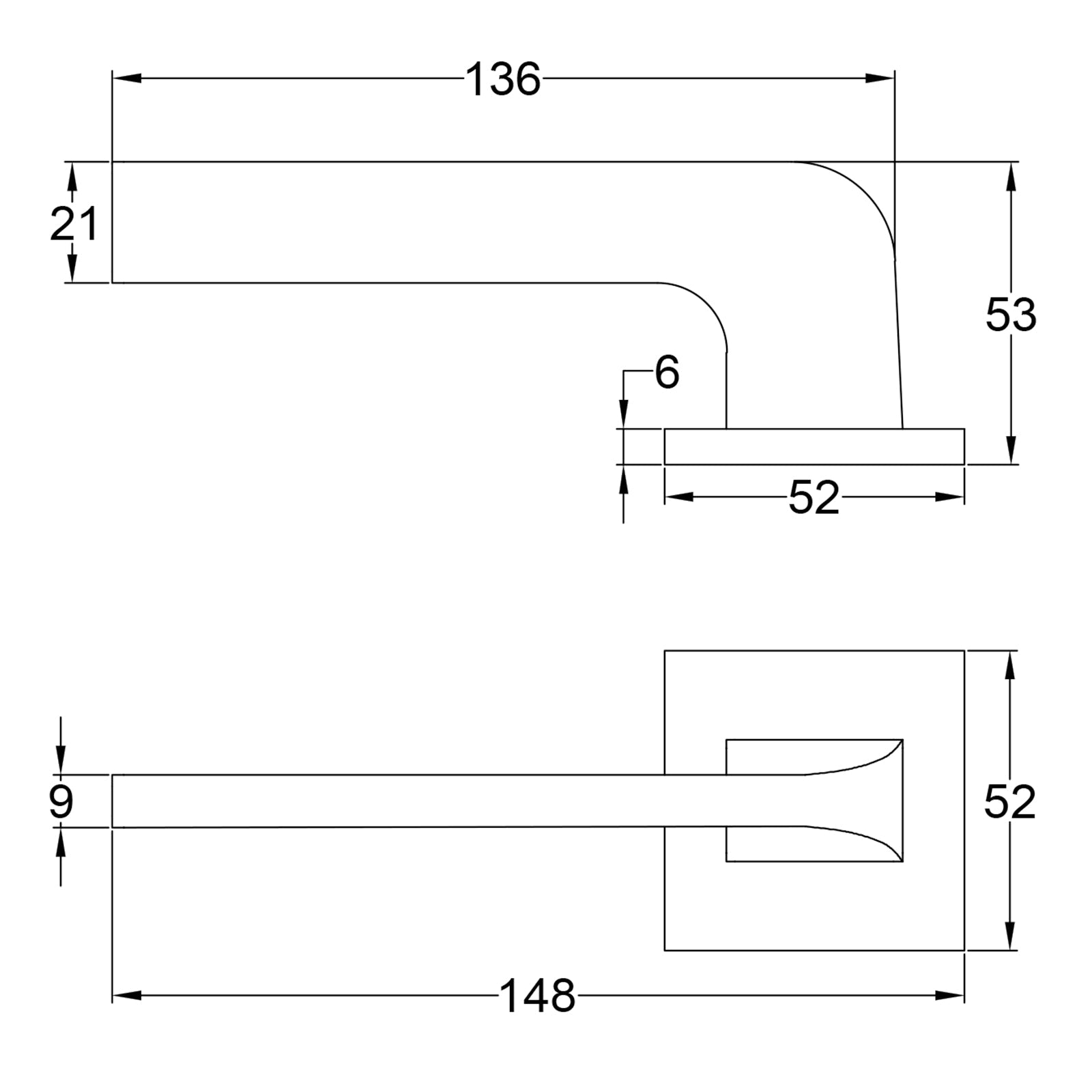 Simple Dimension Drawing of Tupai Santinha Lever on Square Rose Door Handles SHOW