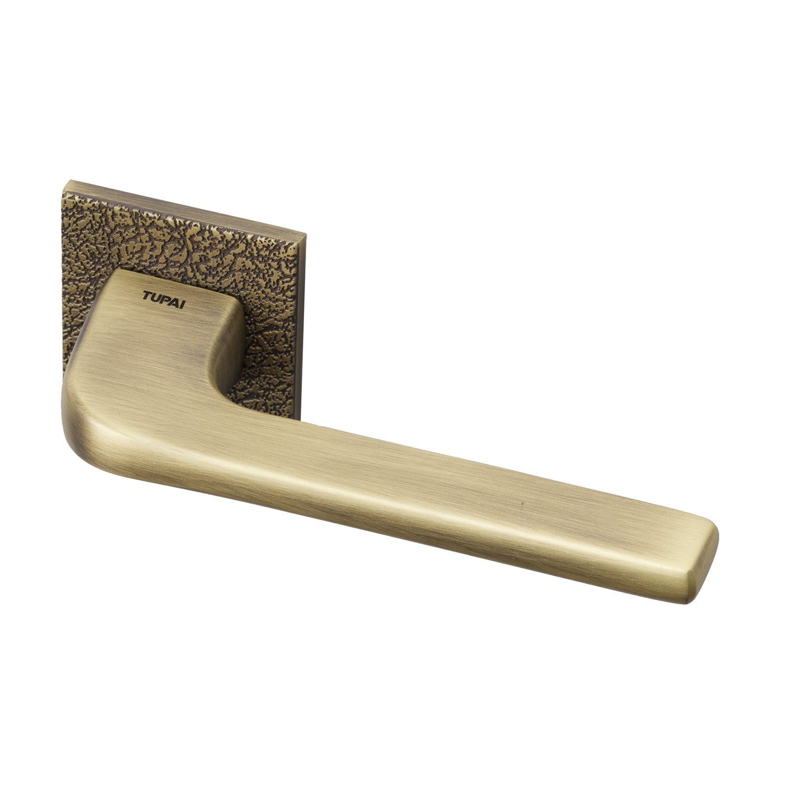 Tupai Perdrada Leather texture Lever on Square Rose Door Handle in Antique Brass Finish SHOW