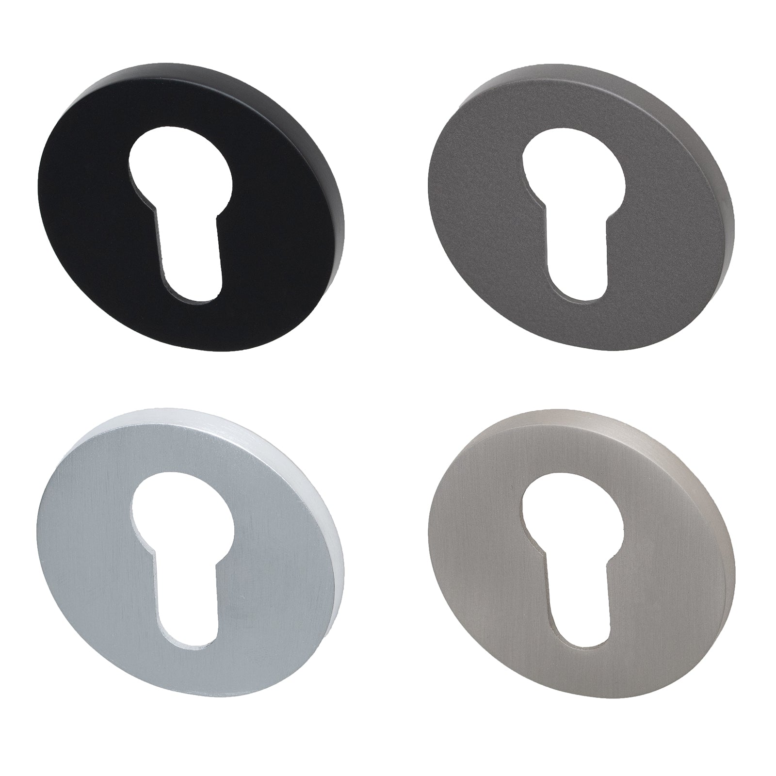 Tupai round euro profile escutcheon, in four finishes, Nickel Pearl, Black Pearl, Satin Chrome, and Titan.