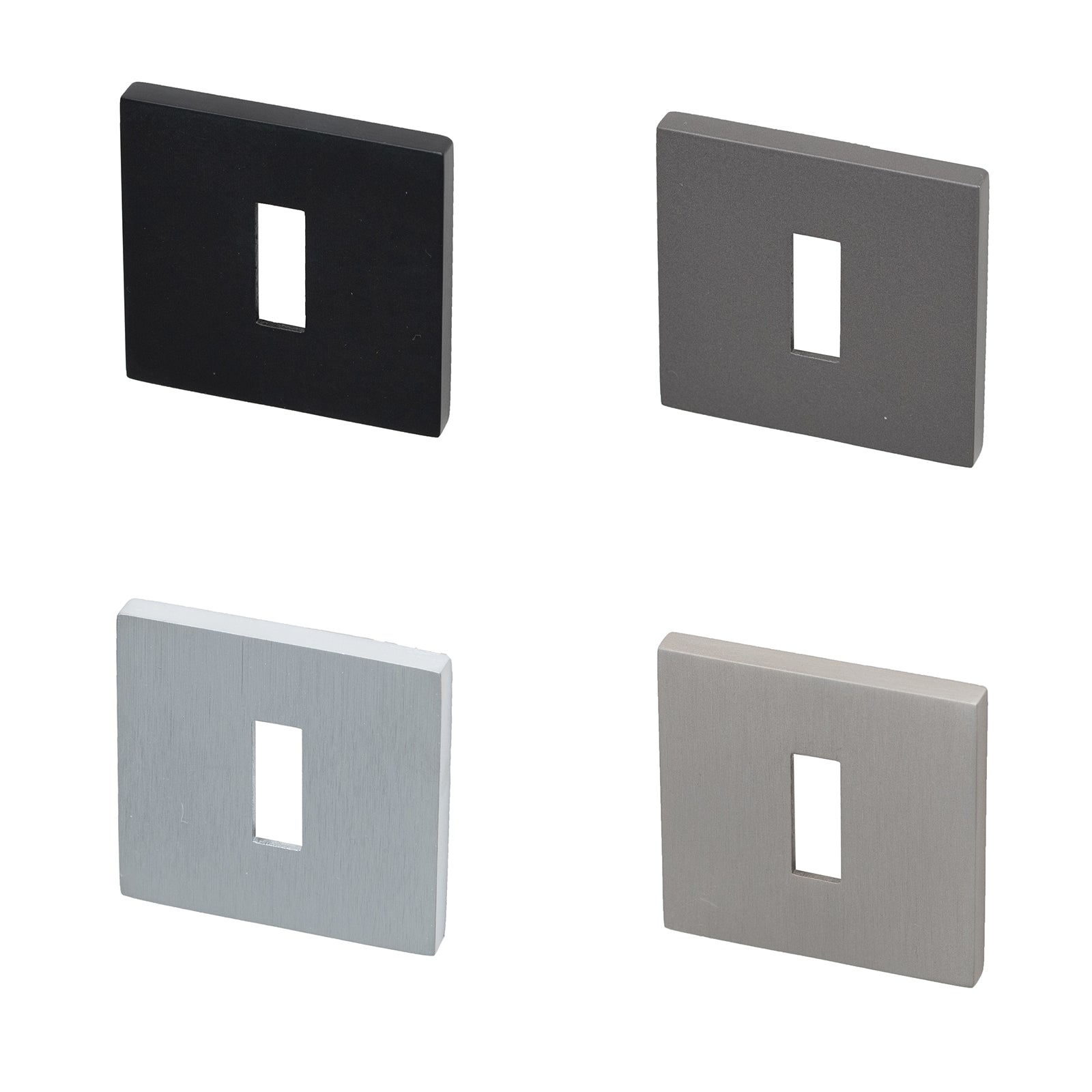 Tupai British Standard square escutcheon for use with 3 & 5 lever locks, in four finishes, Nickel Pearl, Black Pearl, Satin Chrome, and Titan.