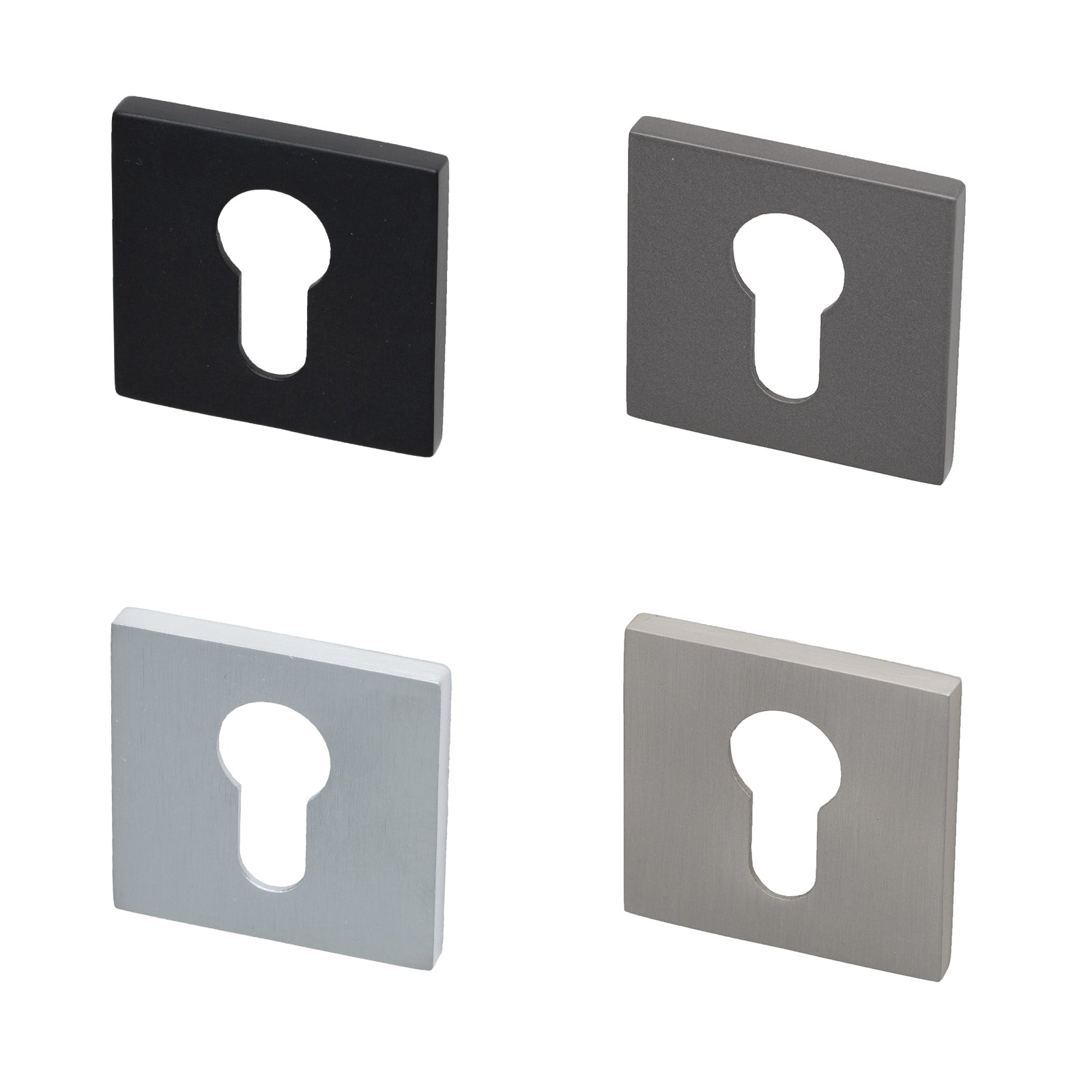 Tupai square euro profile escutcheon, in four finishes, Nickel Pearl, Black Pearl, Satin Chrome, and Titan.