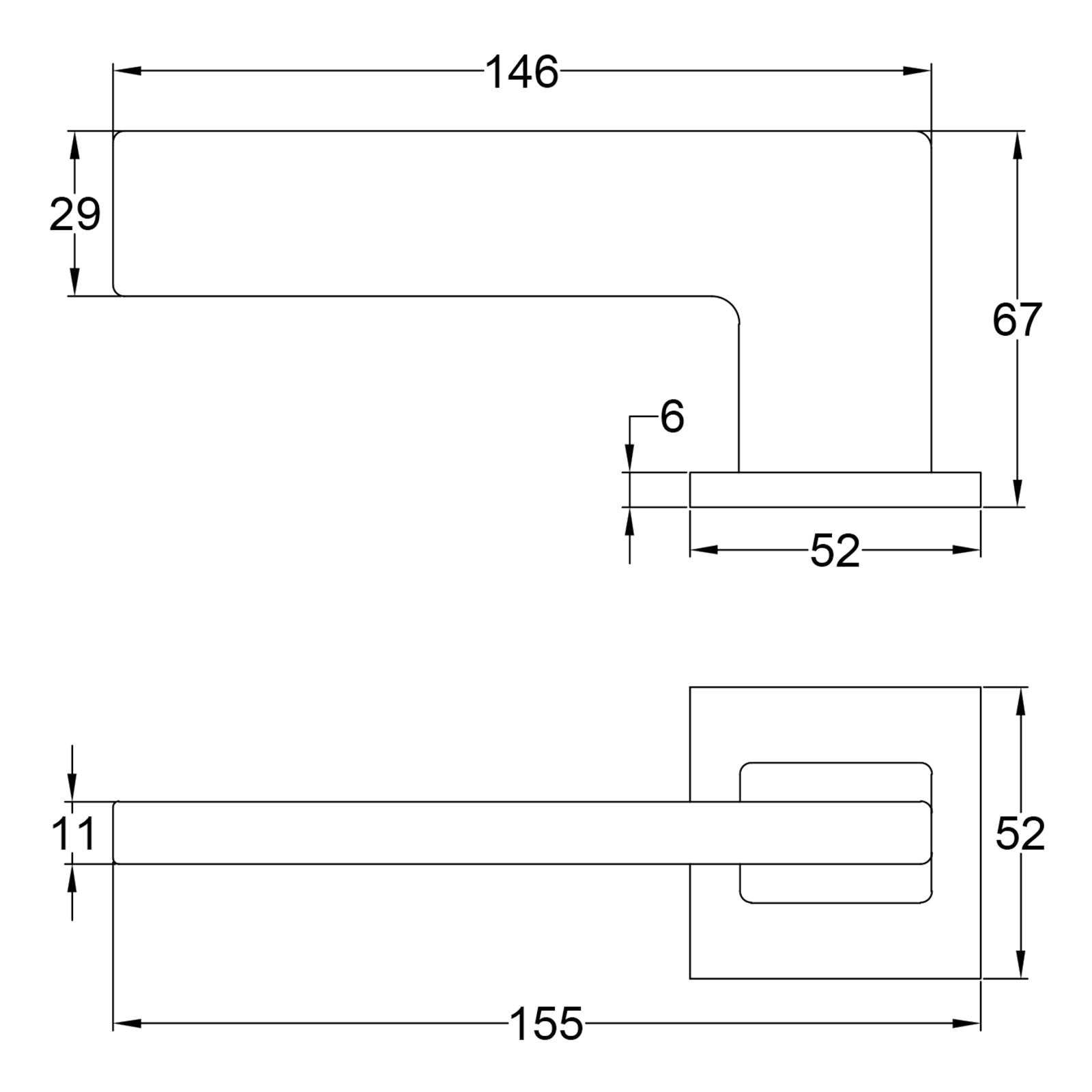 Simple Dimension Drawing of Tupai Rocha Lever on Square Rose Door Handles SHOW