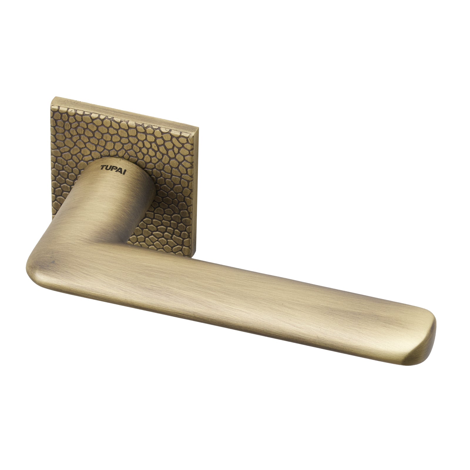 Tupai Edral lever on rose door handle with Pebbles texture design in Matt Antique Brass Finish SHOW