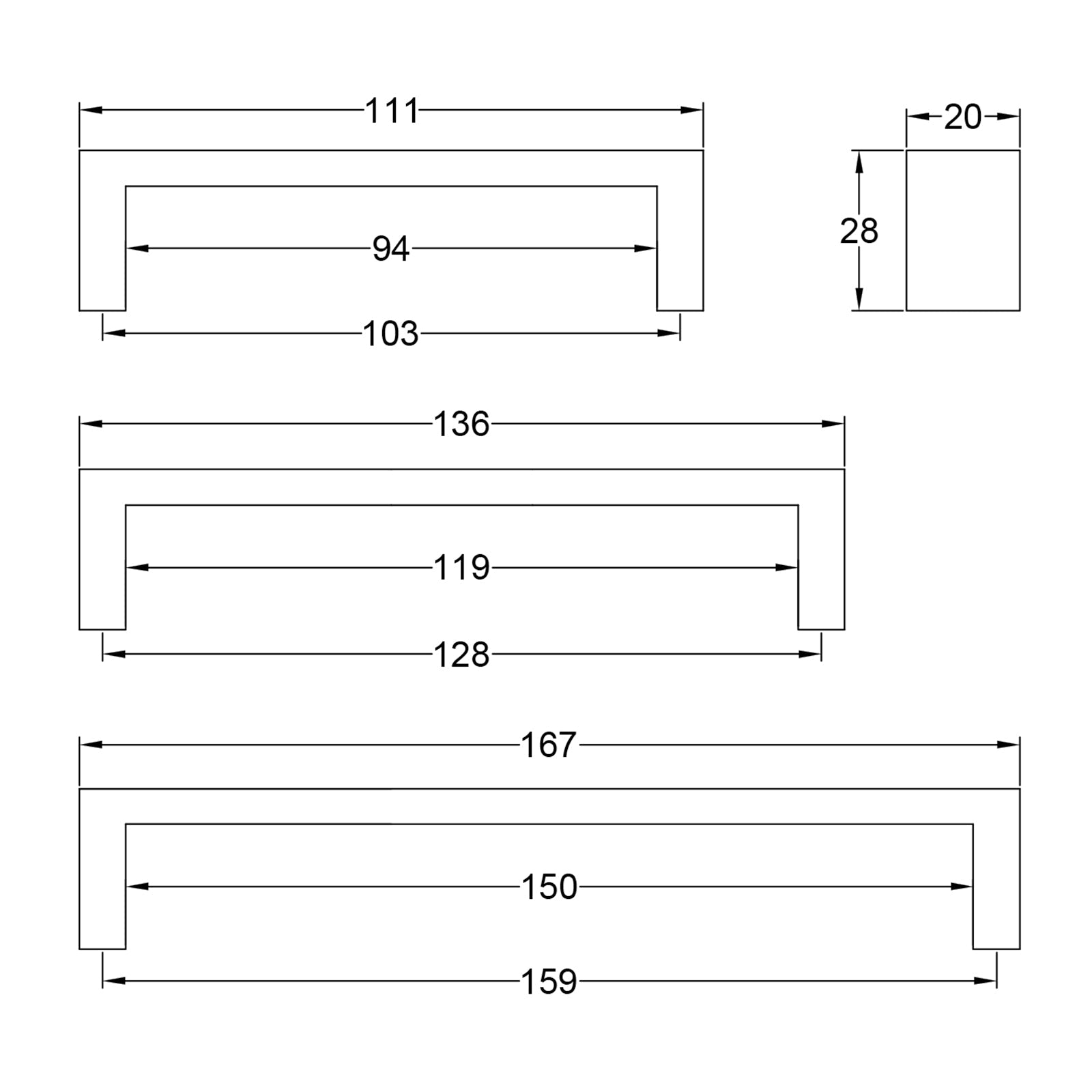 dimension drawing wide metro pull handles SHOW