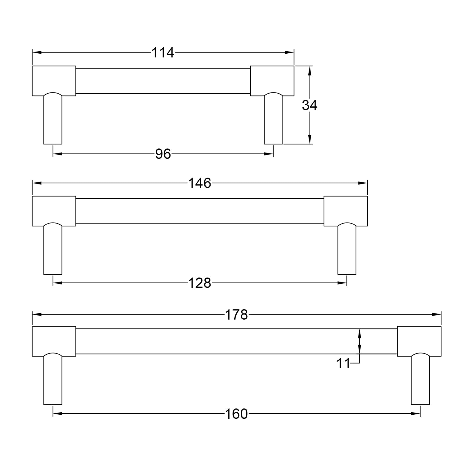 Dimension drawing Phoenix Pull Handles SHOW