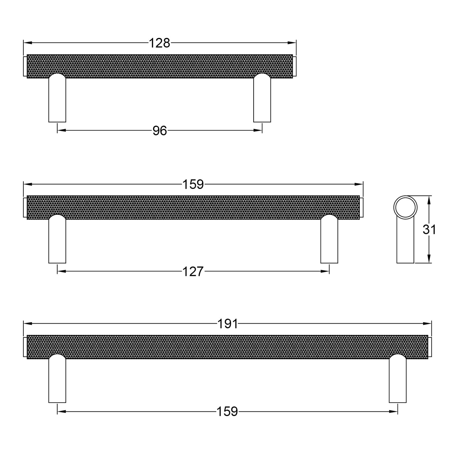 Dimension drawing knurled pull handles SHOW