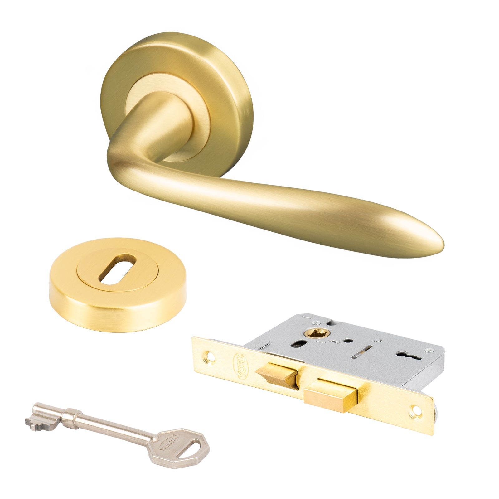 satin brass Sutton round rose door handles 3 lever lock set with escutcheon