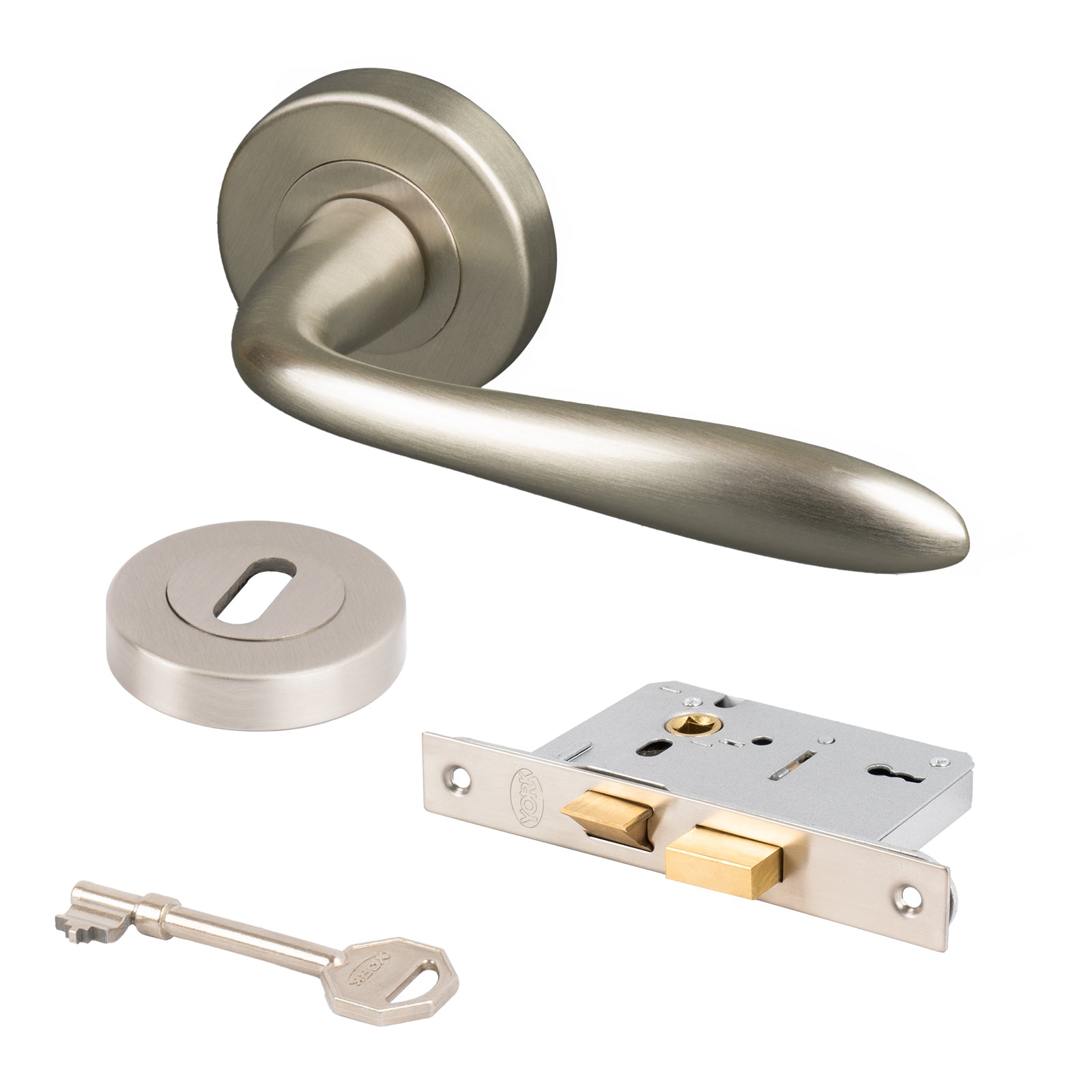 satin nickel Sutton round rose door handles 3 lever lock set