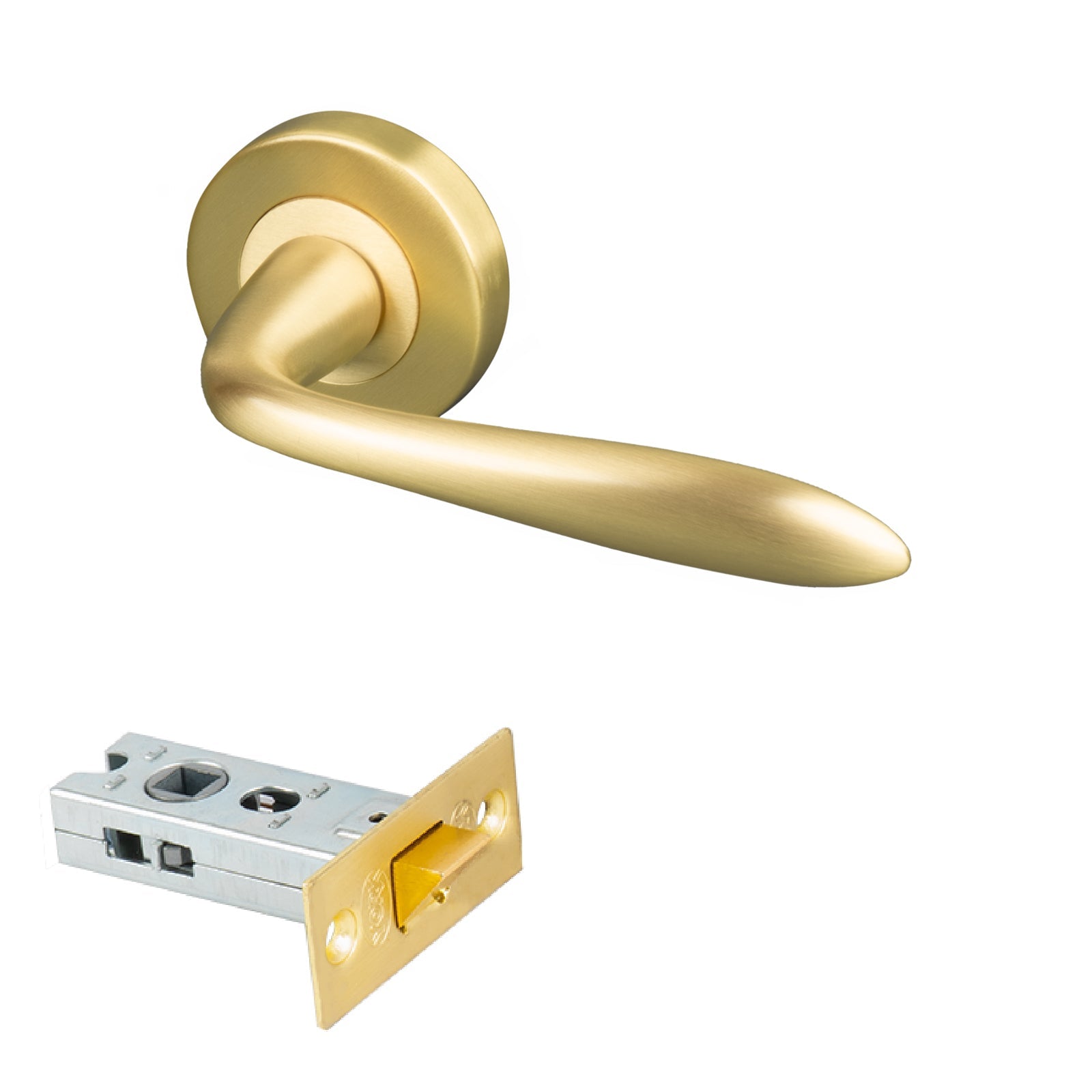 satin brass round rose handles with 2.5 inch latch