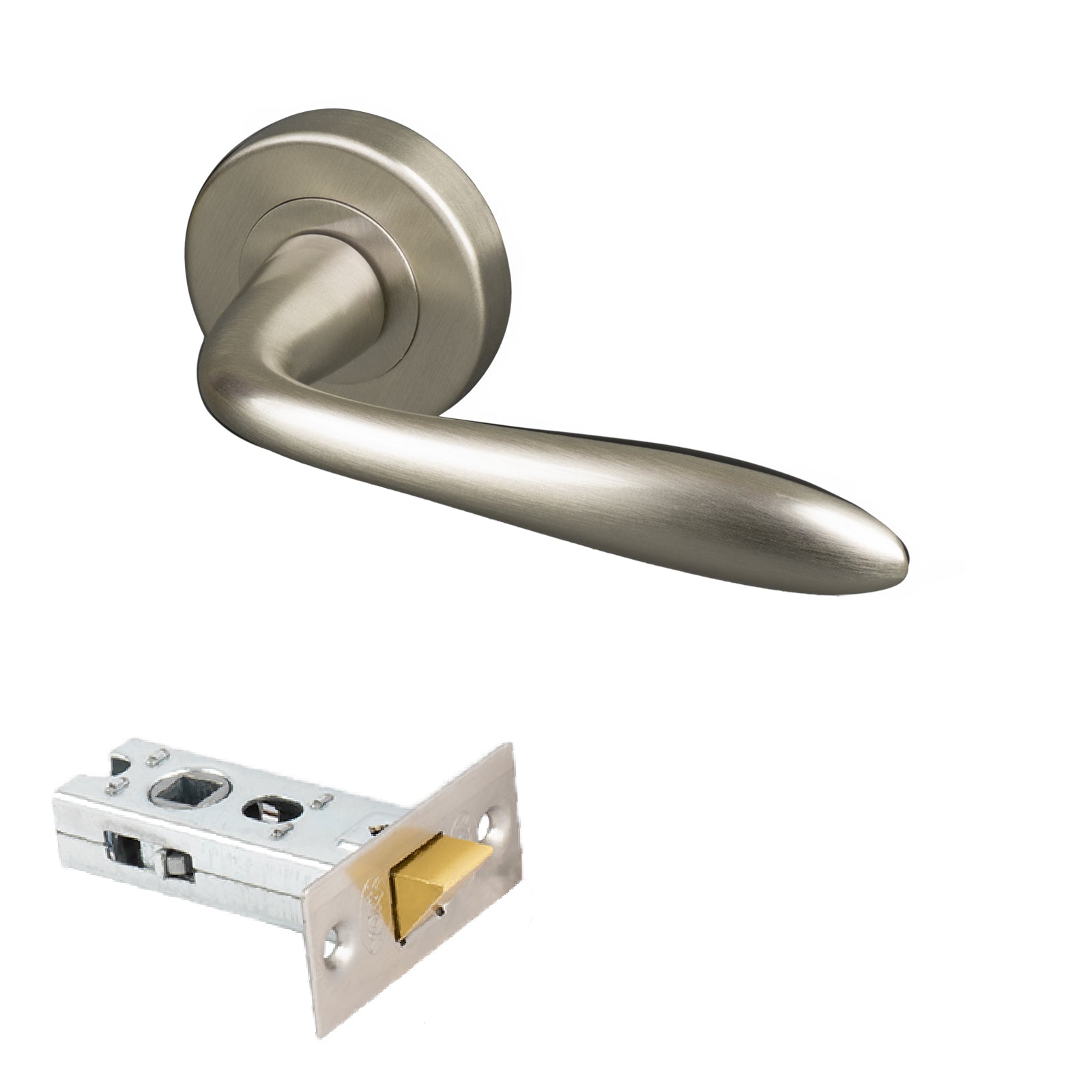 satin nickel round rose handles with 2.5 inch latch