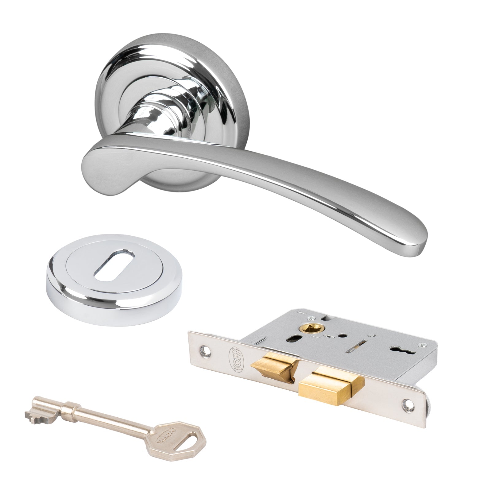 chrome Sophia round rose door handles 3 lever lock set