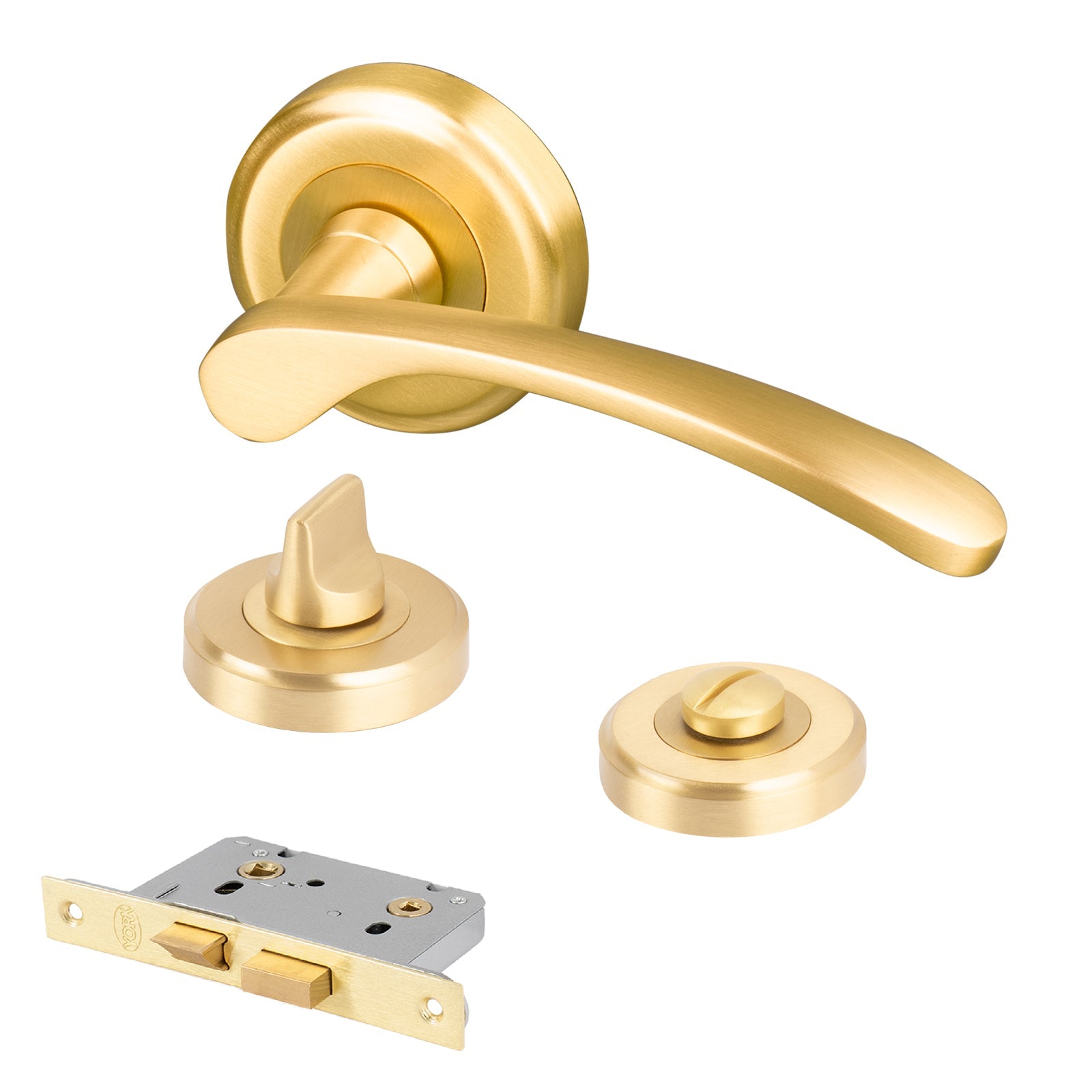 satin brass curved lever on rose door handles bathroom lock latch set