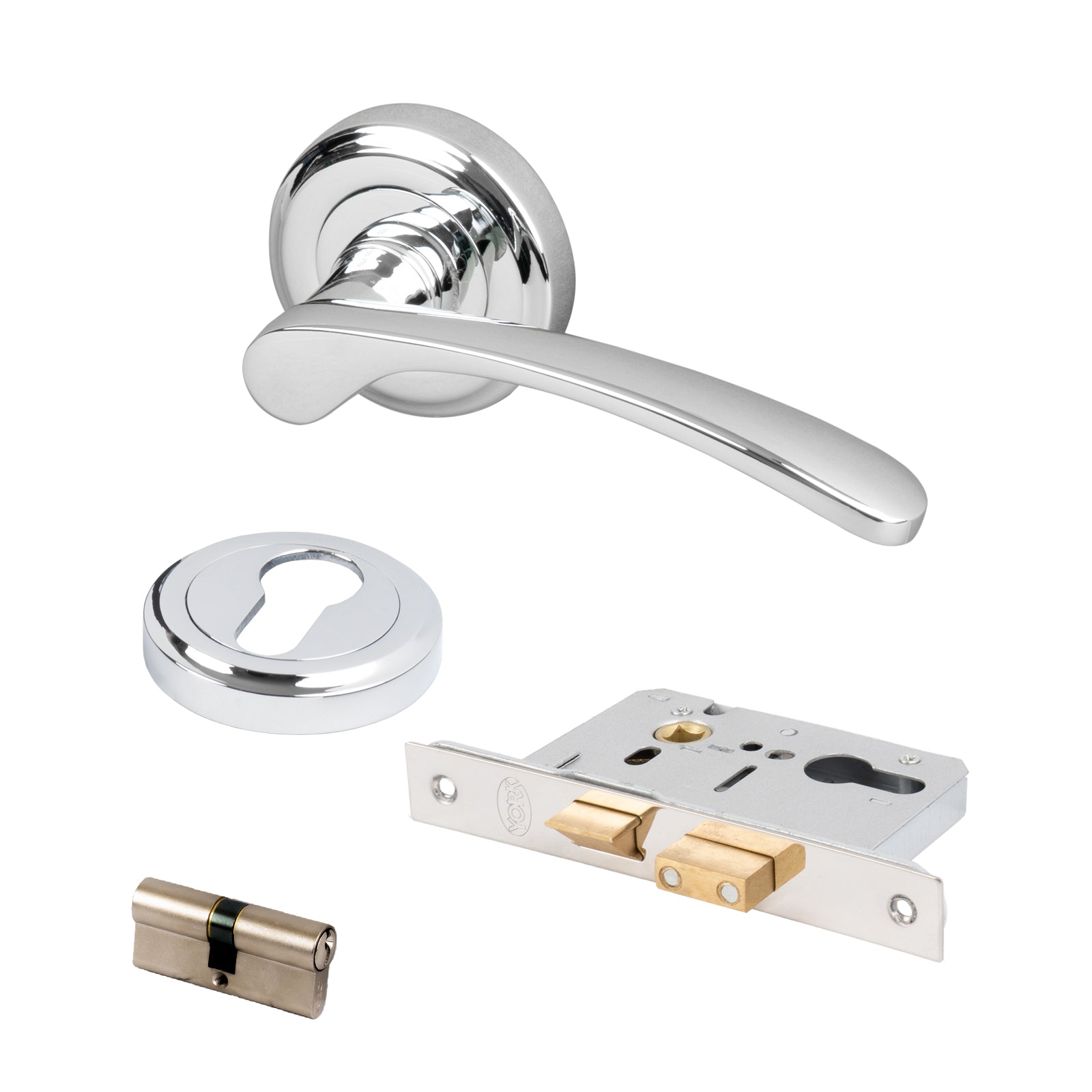 chrome Sophie round rose handles front door lock set and escutcheon