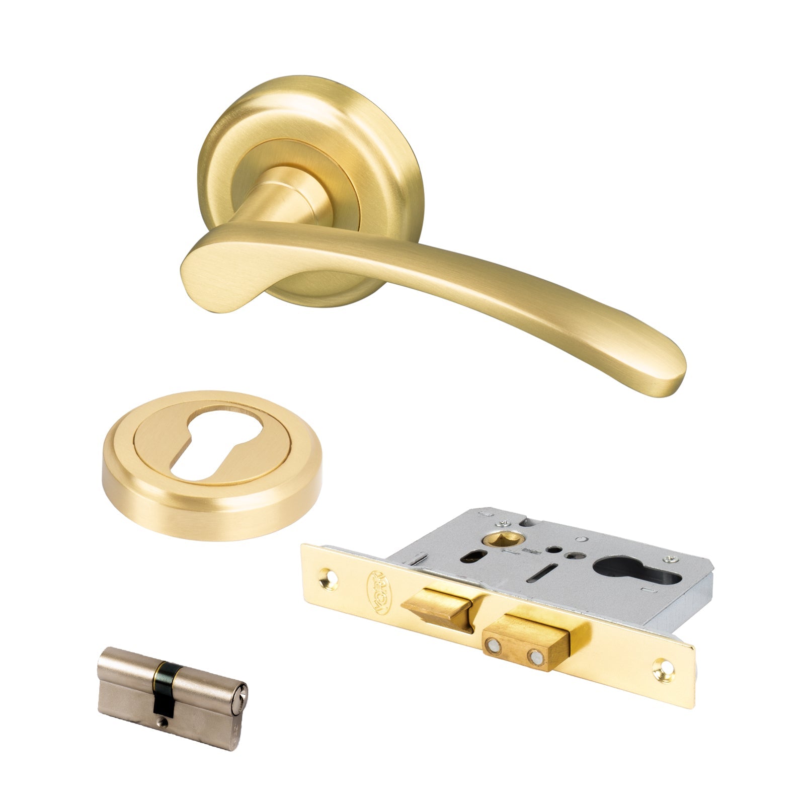 satin brass Sophia round rose handles front door lock set